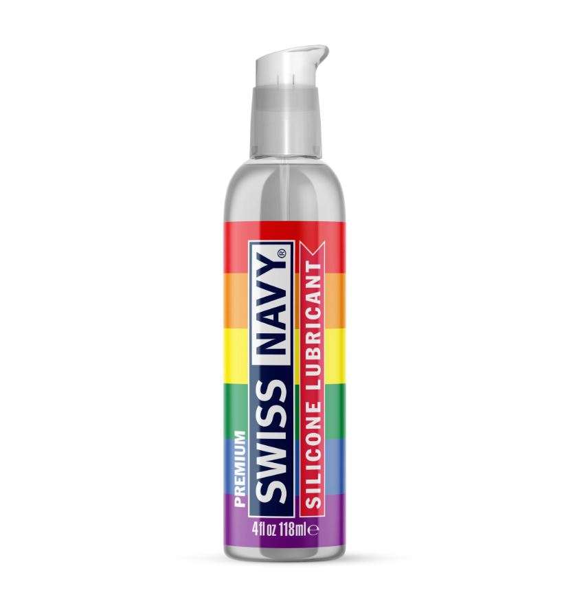 Swiss Navy Premium Silicone Lubricant with rainbow pride colors.