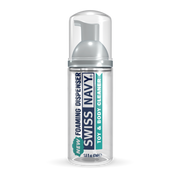 Swiss Navy foaming toy and body cleaner in a clear bottle with a pump dispenser.