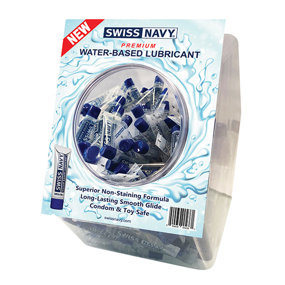 Swiss Navy water-based lubricant in 10ml packets, displayed in a clear container.