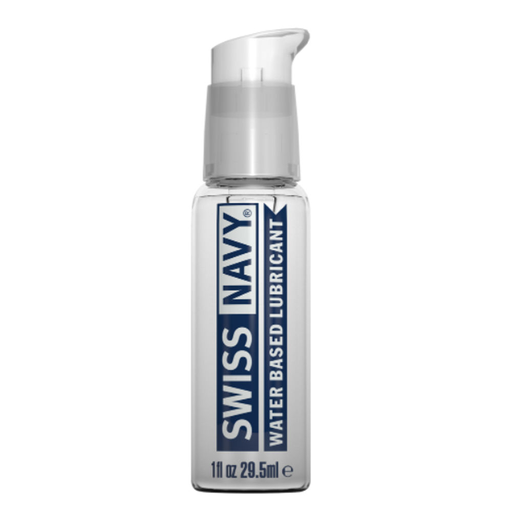 Swiss Navy water-based lubricant gel in a clear pump bottle.