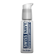 Swiss Navy water-based lubricant gel in a clear pump bottle.