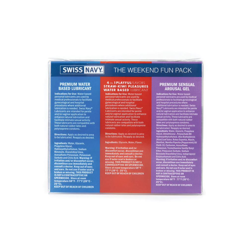Swiss Navy Weekend Fun Pack with three lubricants and arousal gel.
