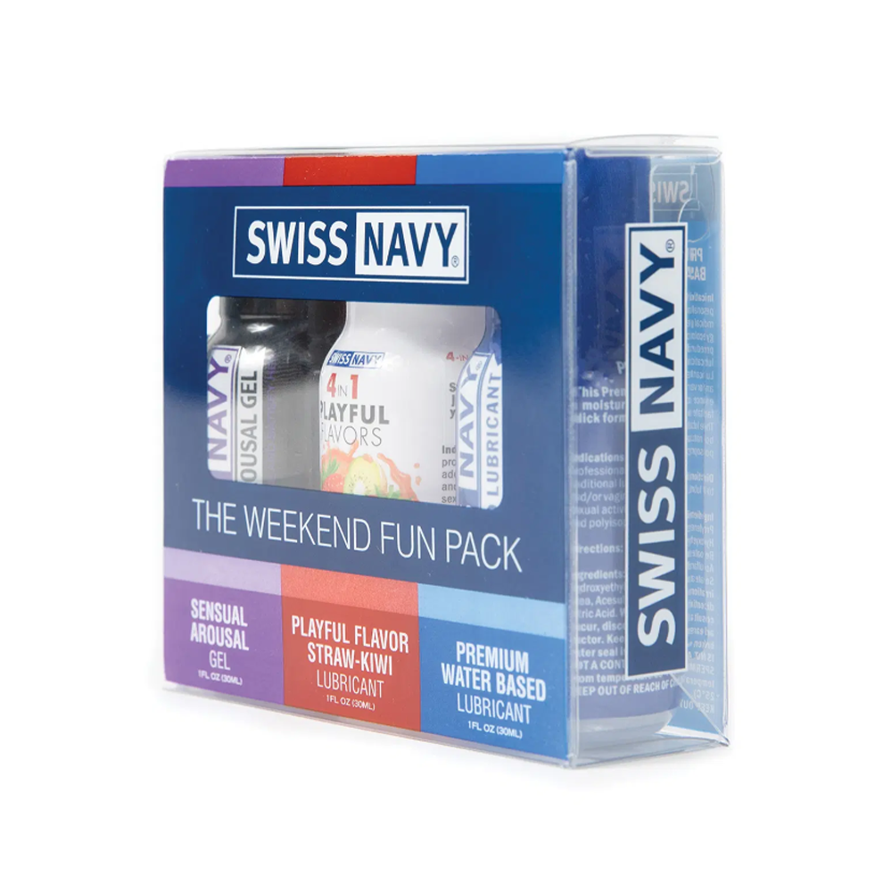 Swiss Navy Weekend Fun Pack with arousal gel and two lubricants.