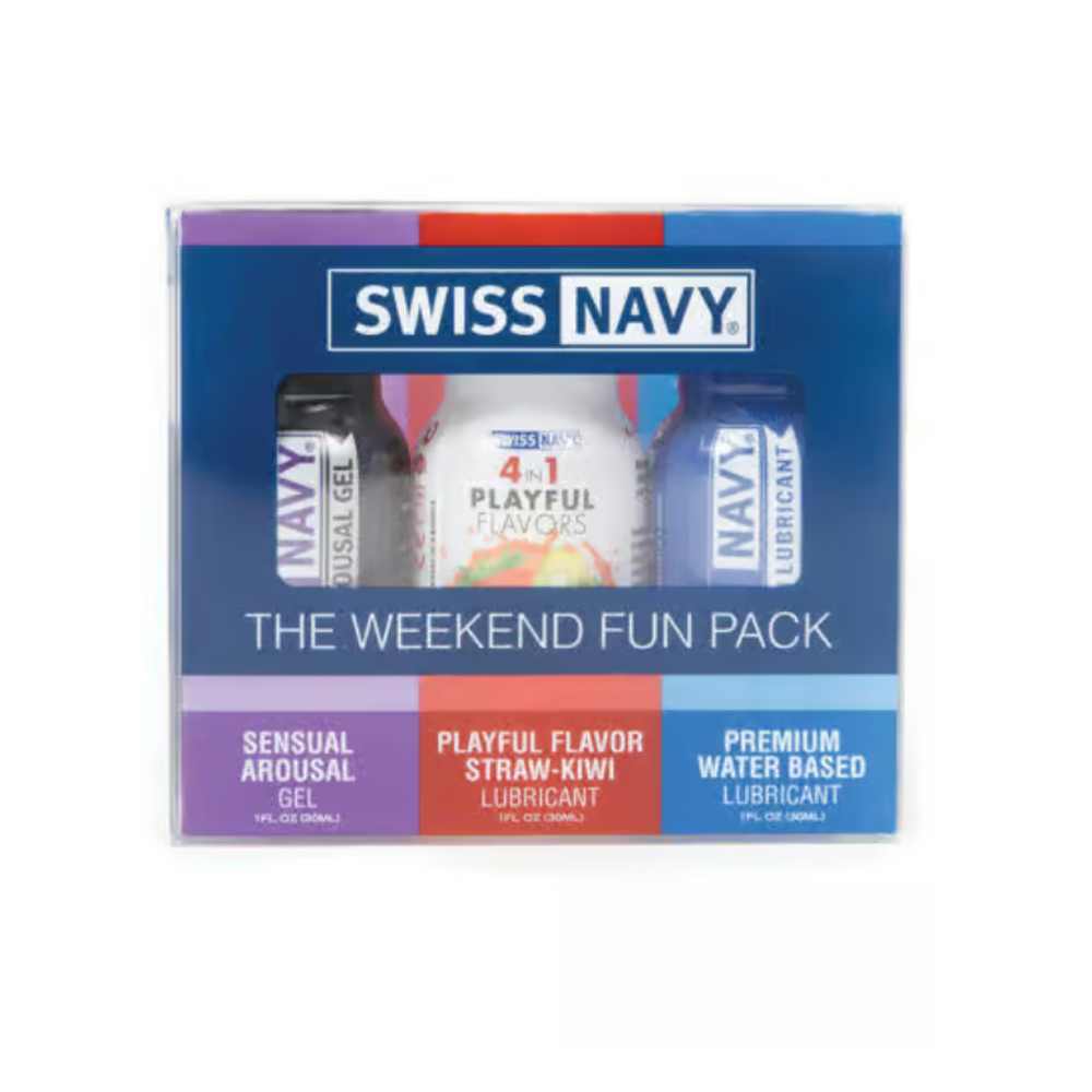 Swiss Navy Weekend Fun Pack with three 1 fl oz bottles of lubricant and arousal gel.