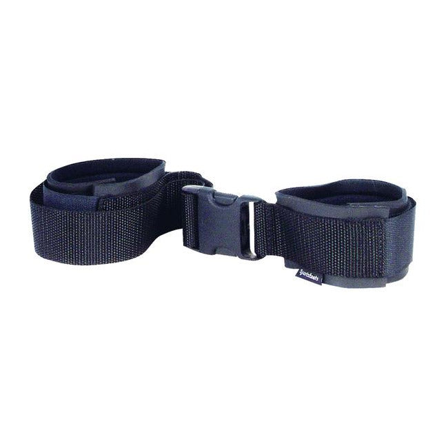 Black adjustable ankle restraints with a buckle.