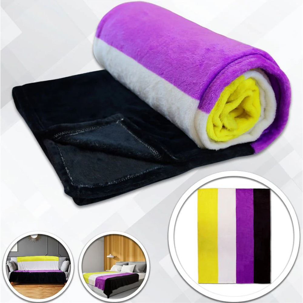 A rolled non-binary pride plush fleece blanket with black, purple, white, and yellow stripes.