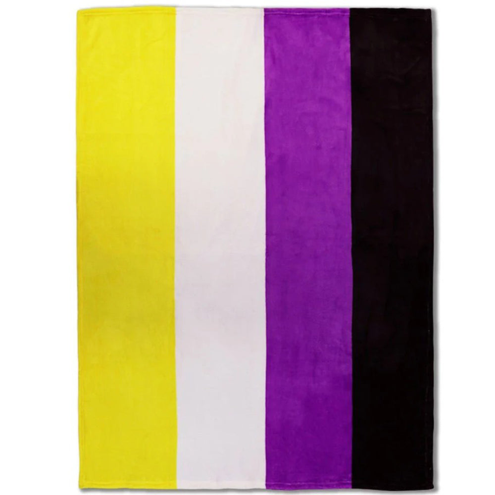 A plush fleece blanket with yellow, white, purple, and black stripes.