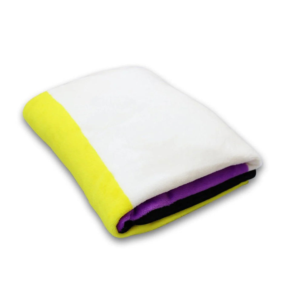 A folded plush fleece blanket with yellow, white, purple, and black stripes.