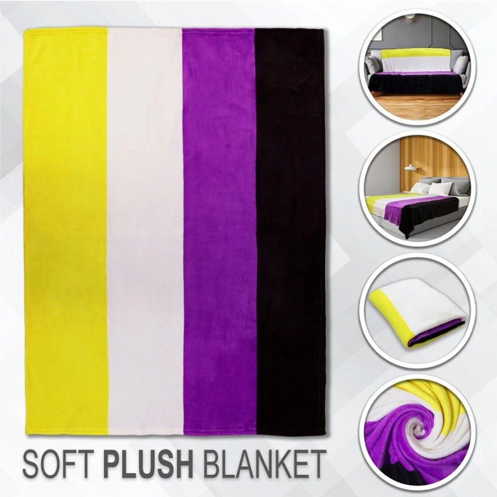 A soft plush blanket with the Non-Binary pride flag colors.