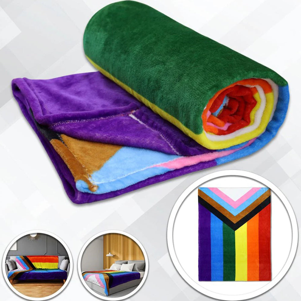 Progress Pride flag polar fleece blanket, soft and plush.