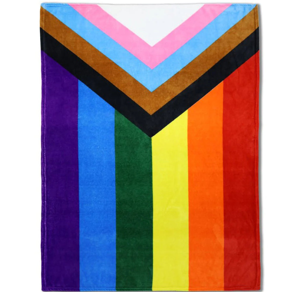 A rainbow progress pride flag design on a soft polar fleece blanket.