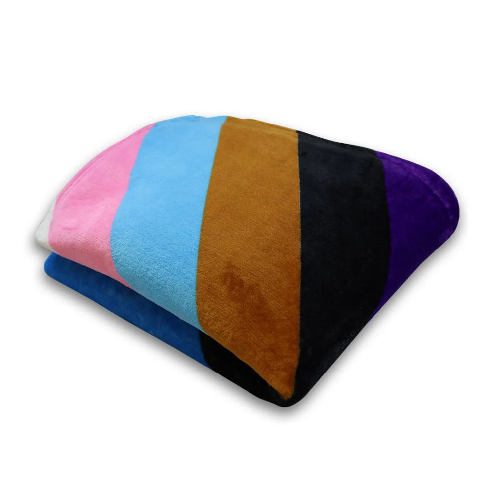 Progress Pride blanket with colorful stripes.