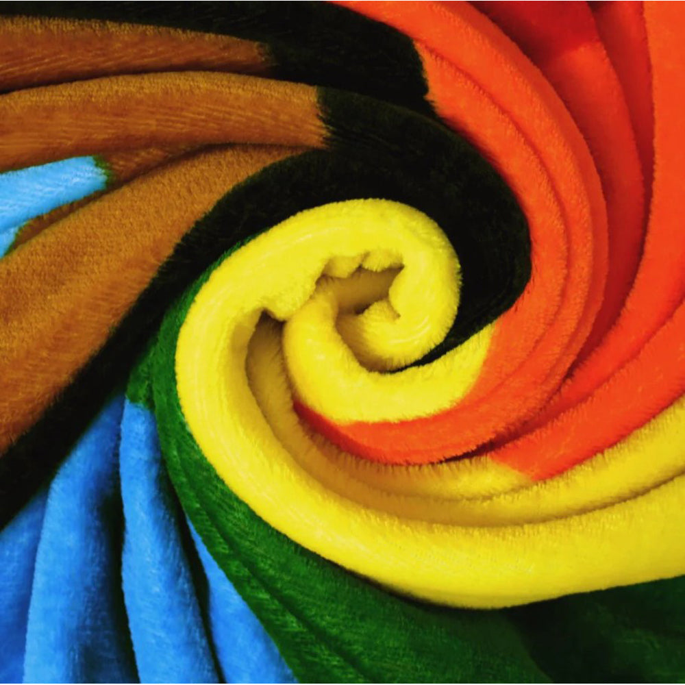 Progress Pride polar fleece blanket with vibrant colors in a swirl pattern.