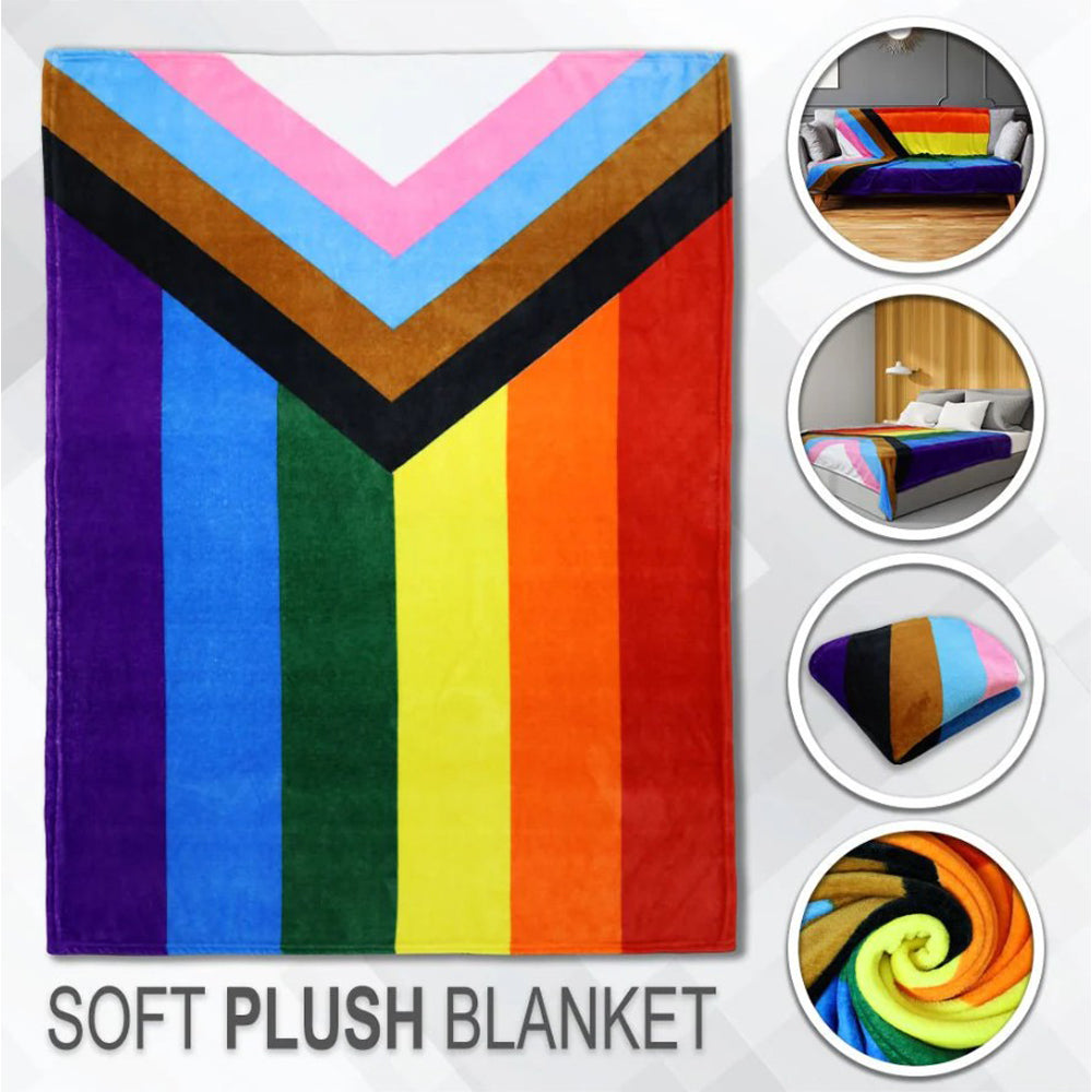 Progress Pride flag plush blanket with vibrant colors.