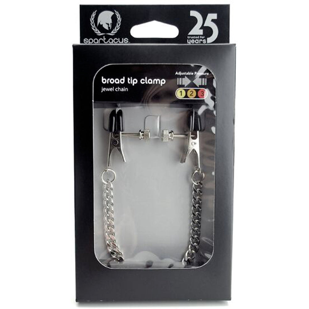 Spartacus adjustable broad tip nipple clamps with jewel chain.
