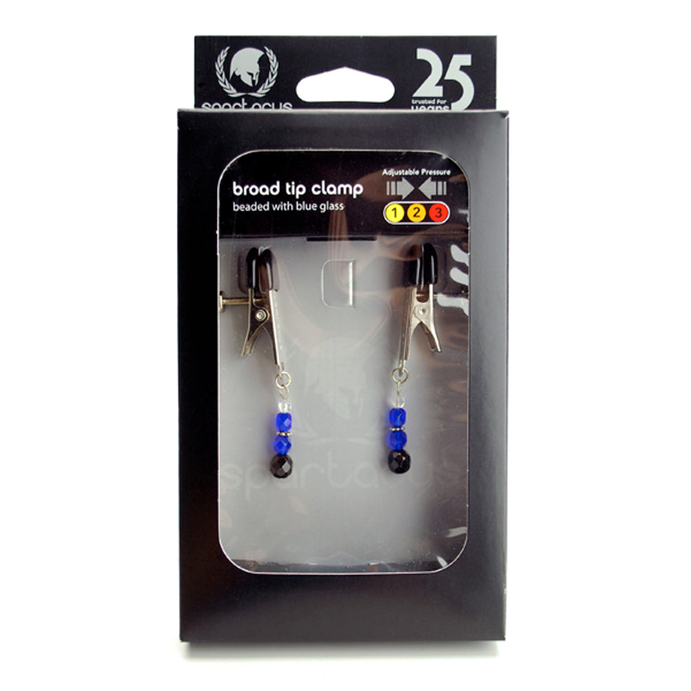 Adjustable beaded nipple clamps with blue beads.