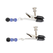 Adjustable nipple clamps with black tips and blue and black beads.