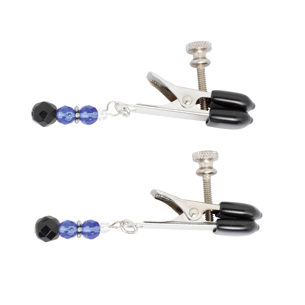 Adjustable nipple clamps with black tips and blue and black beads.