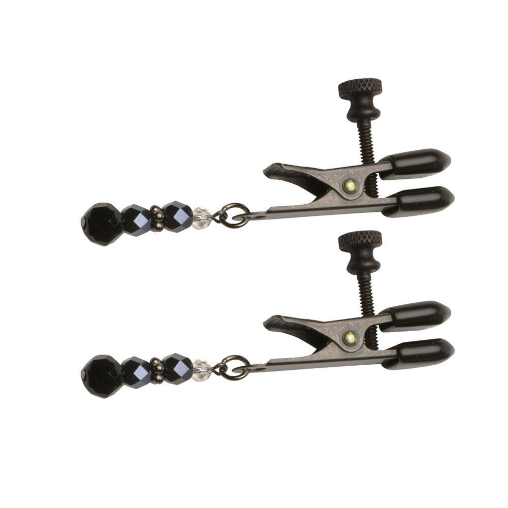 Adjustable nipple clamps with black beads and soft tips.