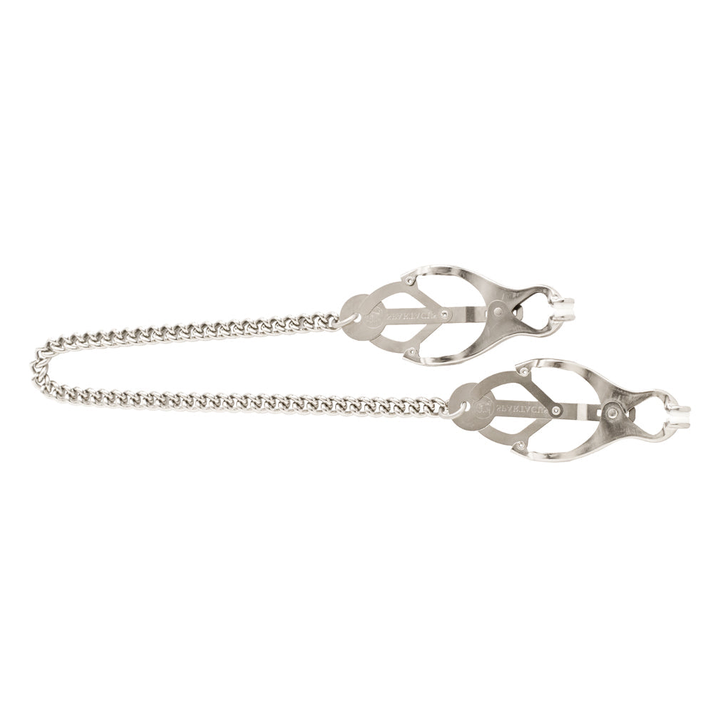 Butterfly nipple clamps with silicone tips and a chain.