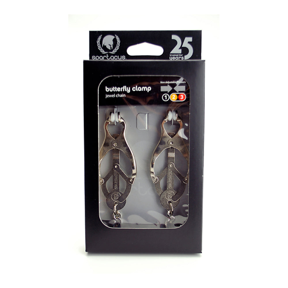 Butterfly nipple clamps with silicone tips and peace sign design.