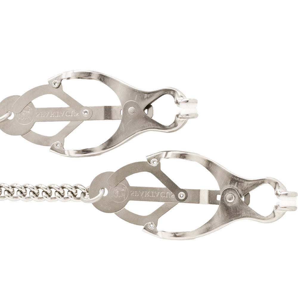 Butterfly nipple clamps with silicone tips and a chain.