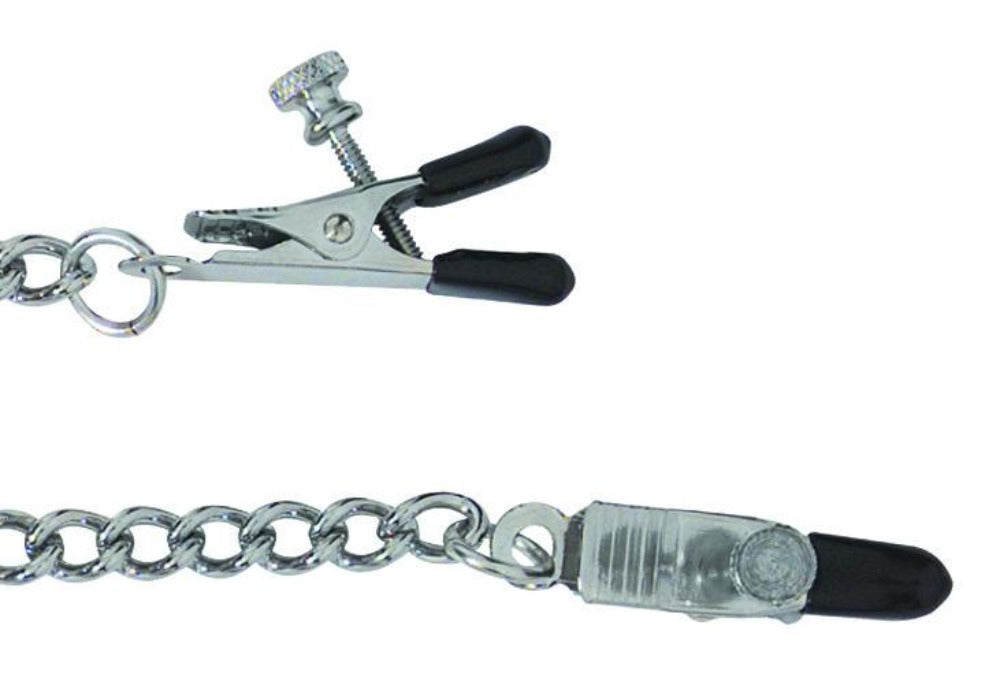 Adjustable nipple clamps with a chain and tapered tips.