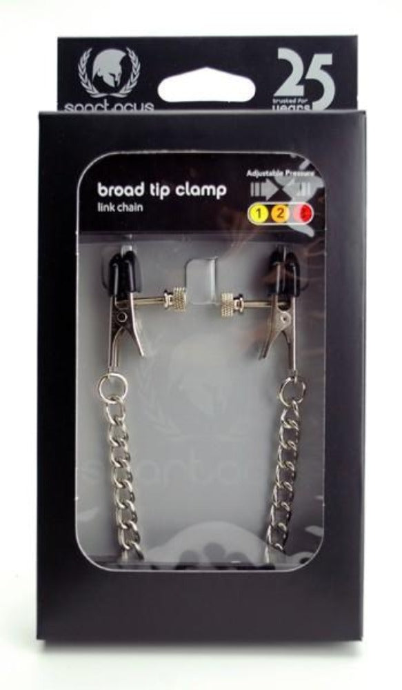 Broad tip nipple clamp with adjustable pressure and chain.