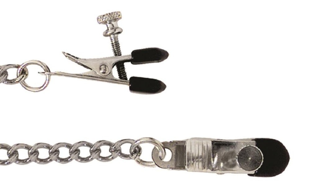 Metal nipple clamp with broad rubber tips and adjustable screw, attached to a chain.