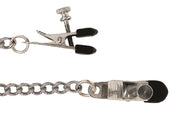 Metal nipple clamp with broad rubber tips and adjustable screw, attached to a chain.