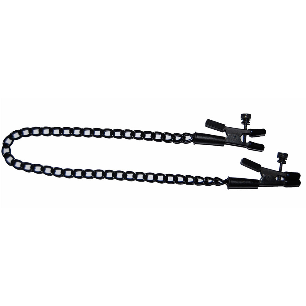 Adjustable black alligator nipple clamps with skinny tips on a chain.