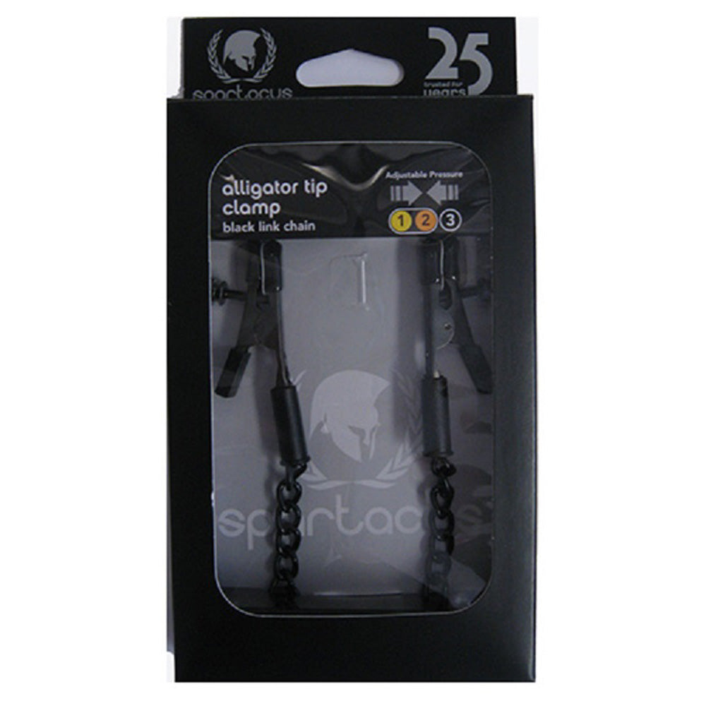 Adjustable alligator nipple clamps with black link chains on a Spartacus branded box.