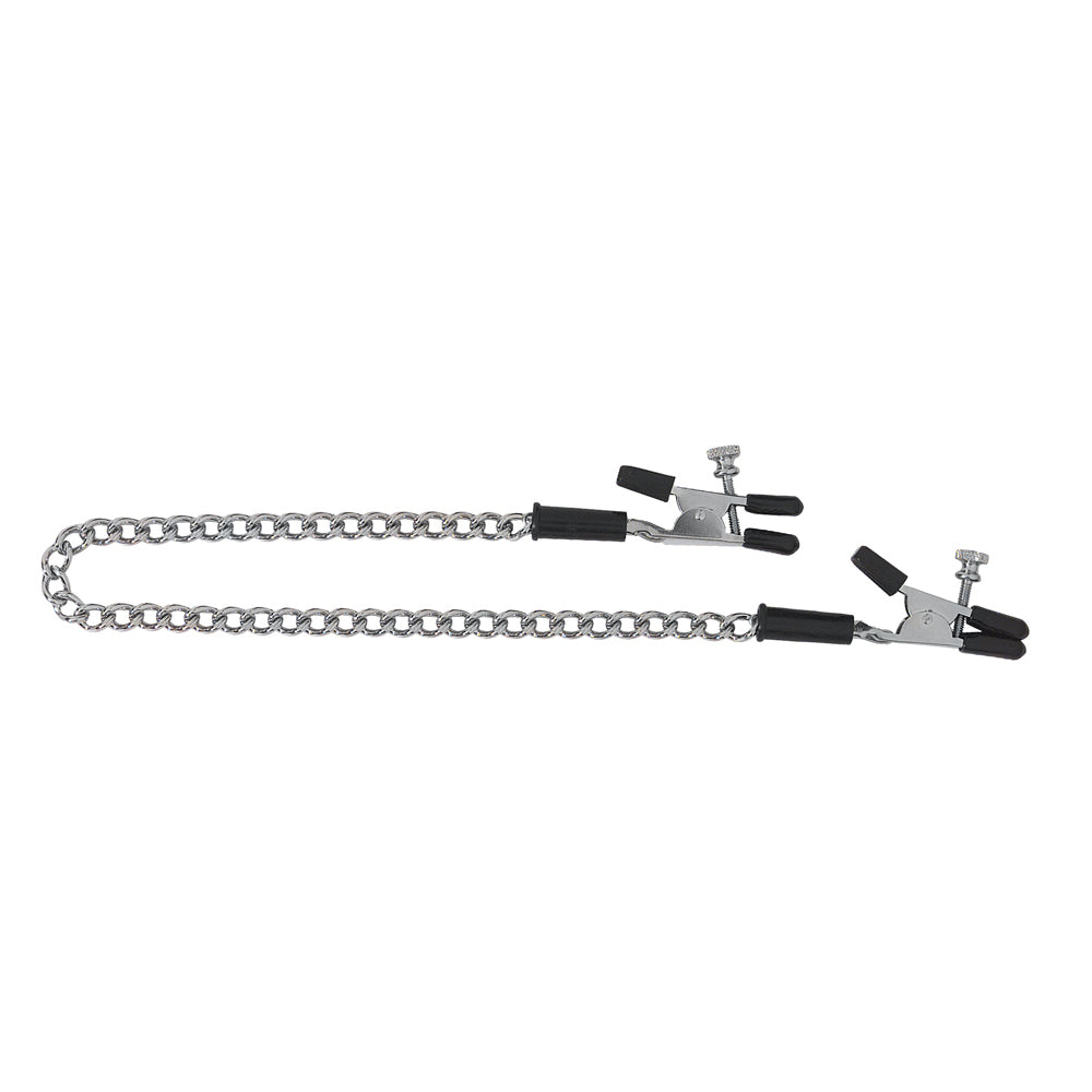Silver adjustable alligator nipple clamps with a connecting chain.
