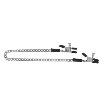 Silver adjustable alligator nipple clamps with a connecting chain.