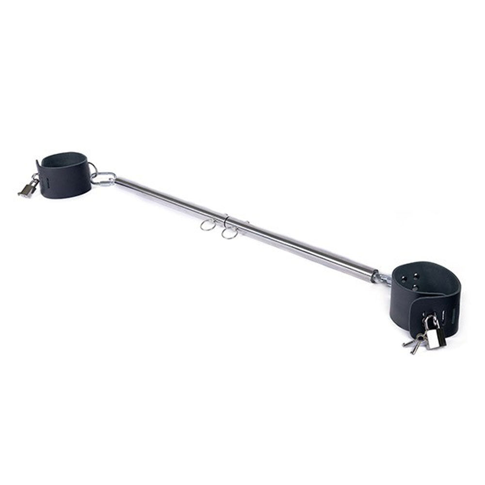 Adjustable steel spreader bar with two leather cuffs and locks.