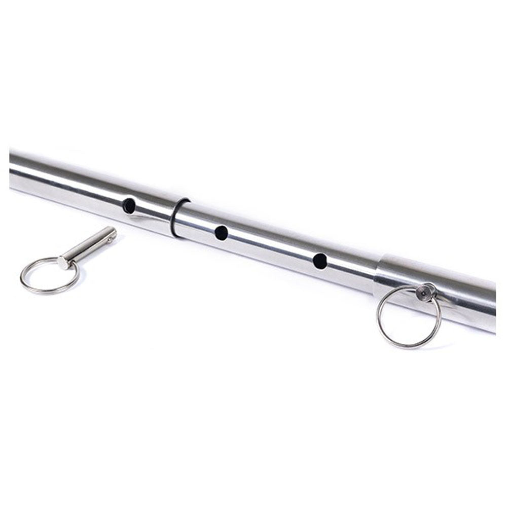 Adjustable steel spreader bar with a pin and ring.