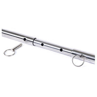 Adjustable steel spreader bar with a pin and ring.