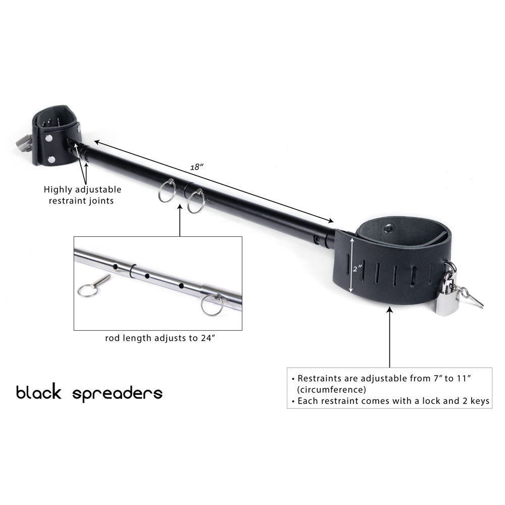 Adjustable steel spreader bar with leather restraints and locks.