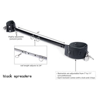Adjustable steel spreader bar with leather restraints and locks.