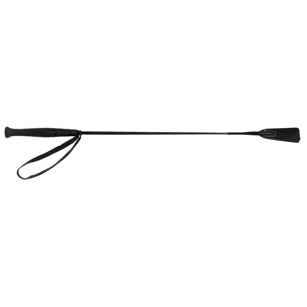 Black riding crop with a textured handle and a flat paddle end.
