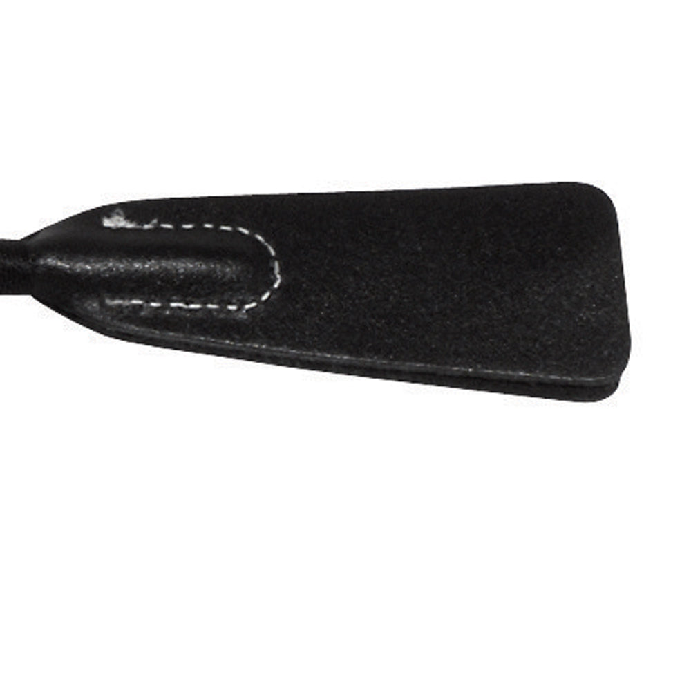 Black riding crop with white stitching.