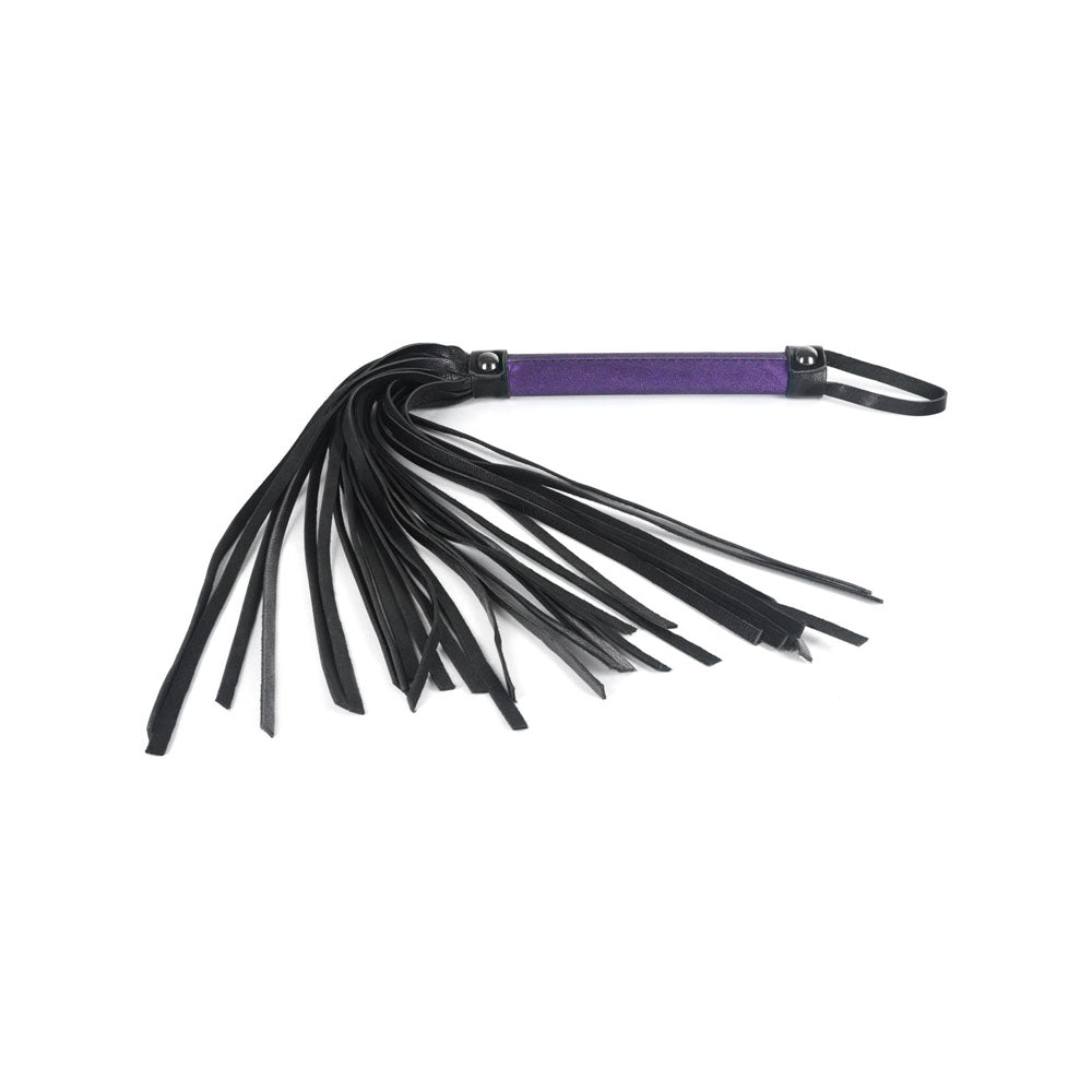 Faux leather flogger with a purple handle and black strands.