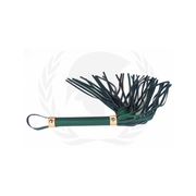 Green vegan leather flogger whip with gold accents and a wrist loop.