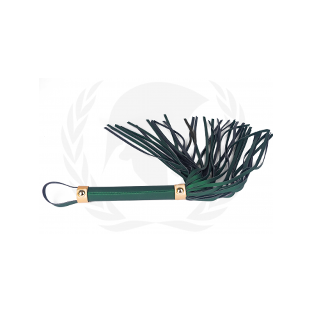 Green vegan leather flogger whip with gold accents and a wrist loop.