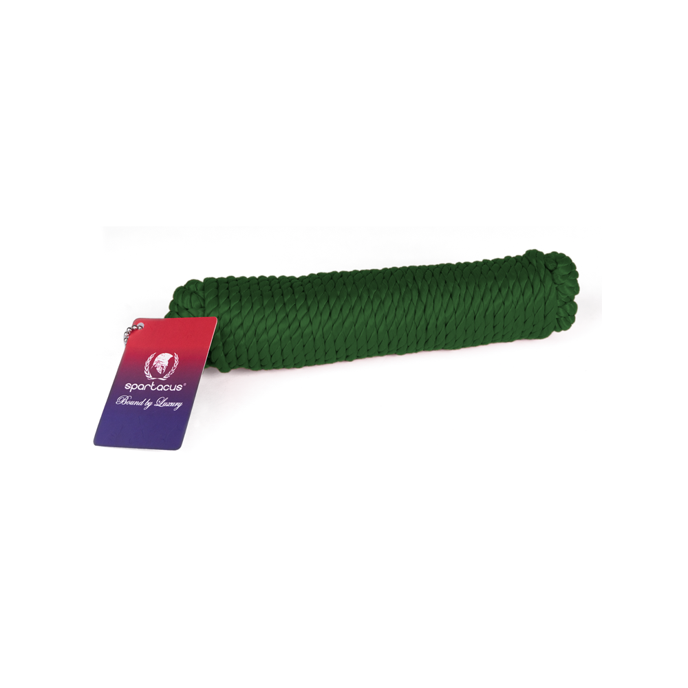 Green nylon bondage rope with a Spartacus tag.