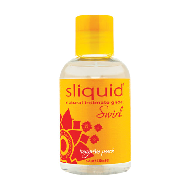 Sliquid Swirl Tangerine Peach flavored water-based lubricant in a clear bottle with a yellow cap.
