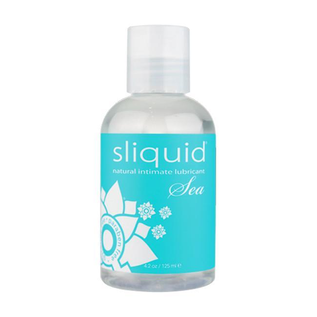 Sliquid Sea natural intimate lubricant in a clear bottle with a blue label.