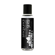 Sliquid Silver silicone intimate glide lubricant in a clear bottle with a black cap.