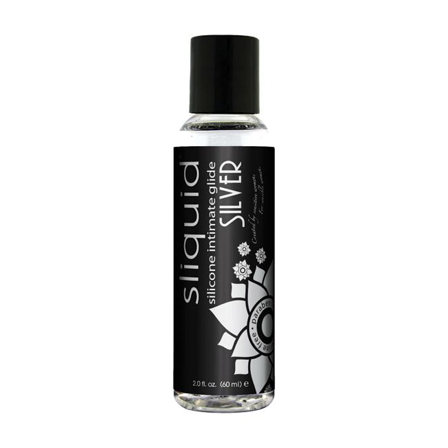 Sliquid Silver silicone intimate glide lubricant in a clear bottle with a black cap.