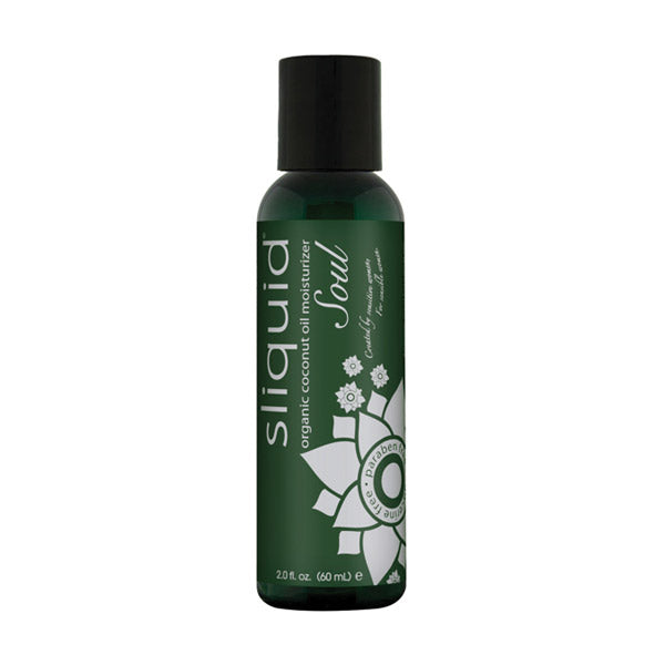 Sliquid Soul organic coconut oil moisturizer in a green bottle with a black cap.
